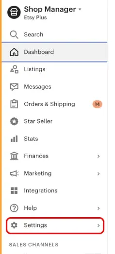 Меню Shop Manager у магазині Etsy