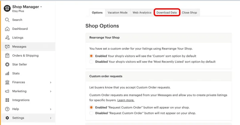 Вкладка Download Data у магазині Etsy