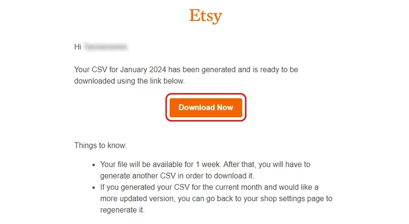 Лист від Etsy з посиланням на CSV-файл