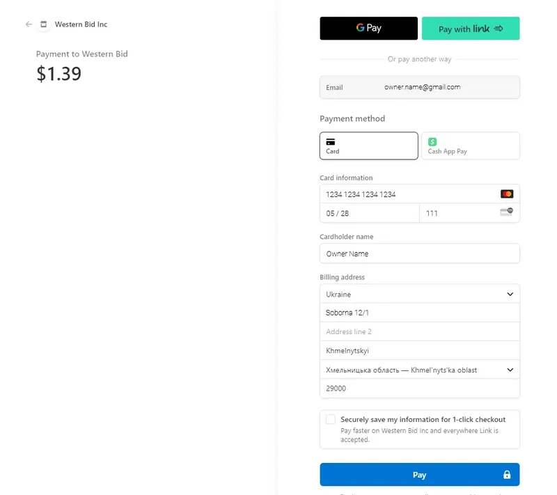 Форма введення даних картки Stripe
